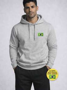Men's Casual Hoodie And Slim Fit Jogger Pants Set, Brazilian Flag Print, Comfortable Sportswear For Winter, Modern Streetwear, Urban Men's Look, Soft And Breathable Fabric + FREE BRAZILIAN FLAG GIFT - 灰色 - 查看 1