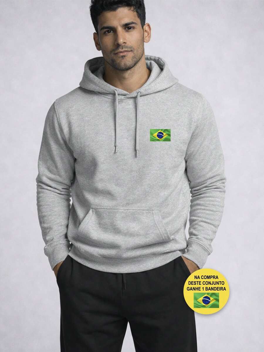 Men's Casual Hoodie And Slim Fit Jogger Pants Set, Brazilian Flag Print, Comfortable Sportswear For Winter, Modern Streetwear, Urban Men's Look, Soft And Breathable Fabric + FREE BRAZILIAN FLAG GIFT - 灰色 - 查看 1