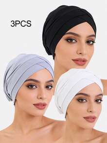 3顶女士交叉弹力针织帽，骷髅帽，适合日常、夏季、海滩佩戴 - 彩色 - 查看 25