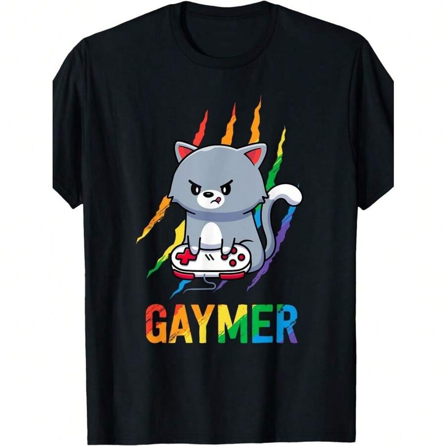 Gaymer LGBT Cat Pride Rainbow Video Game Lovers Gift T-Shirt - 黑色 - 查看 1