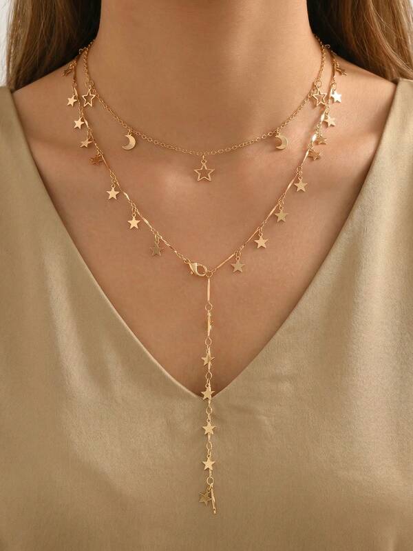 2pcs/Set Minimalist Ins Style Gold Star & Moon Tassel Necklace, Vintage Y-Shaped Versatile Necklace For Women, Suitable For Daily Wear, Dates, Parties, Music Festivals. Chain Length Can Be Customized By Cutting Links.