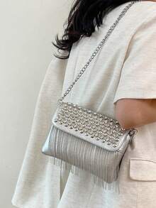 女士新款铆钉小方包，流苏斜挎包，女士单肩包 - 銀色 - 查看 3