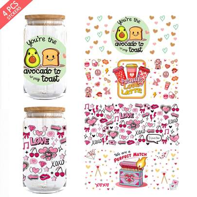 4pcs/Set UV DTF Cup Wrap Sticker (9.4x4.3in), Cute Couple Bestie Love Quotes, Capybara Frenchie Teddy Bear Avocado Toast, Peace Love Latte Perfect Match, Waterproof Rub On Decal For 16oz Glass Mugs DIY Gift
