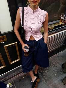Áo nữ thanh lịch màu trơn phong cách Boho ren khoét lỗ không tay cài nút, Áo crop top nữ gợi cảm khoét lỗ xuyên thấu, Cổ áo sườn xám Trung Quốc cài nút, Kiểu dáng crop top thắt eo thoải mái, Áo cưới/đi chơi, Áo trắng hồng mùa hè - Hồng - Xem 5