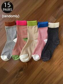 3/5/6/8/10/15/20 Pairs Women's Casual Striped Mid-Calf Socks, Retro Style Socks With Colorful Contrast, Suitable For Office, Casual Wear, Matching With Shoes, Dresses, Sportswear - Spring/Summer - Multicolor - View 26
