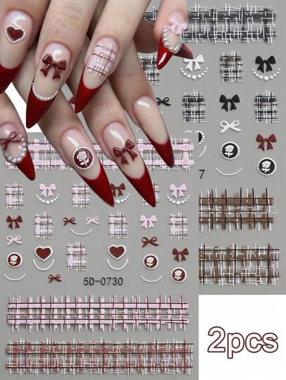 2件/套 5D针织红黑白珍珠蝴蝶结爱心美甲贴纸法式格纹线条自粘滑块贴花美甲装饰DIY糖果婚礼