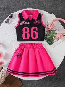 2pcs Girls Casual Letter & Number 86 Print Vest + Striped Letter Printed Skirt Outdoor Set, Spring/Summer - Multicolor - View 3