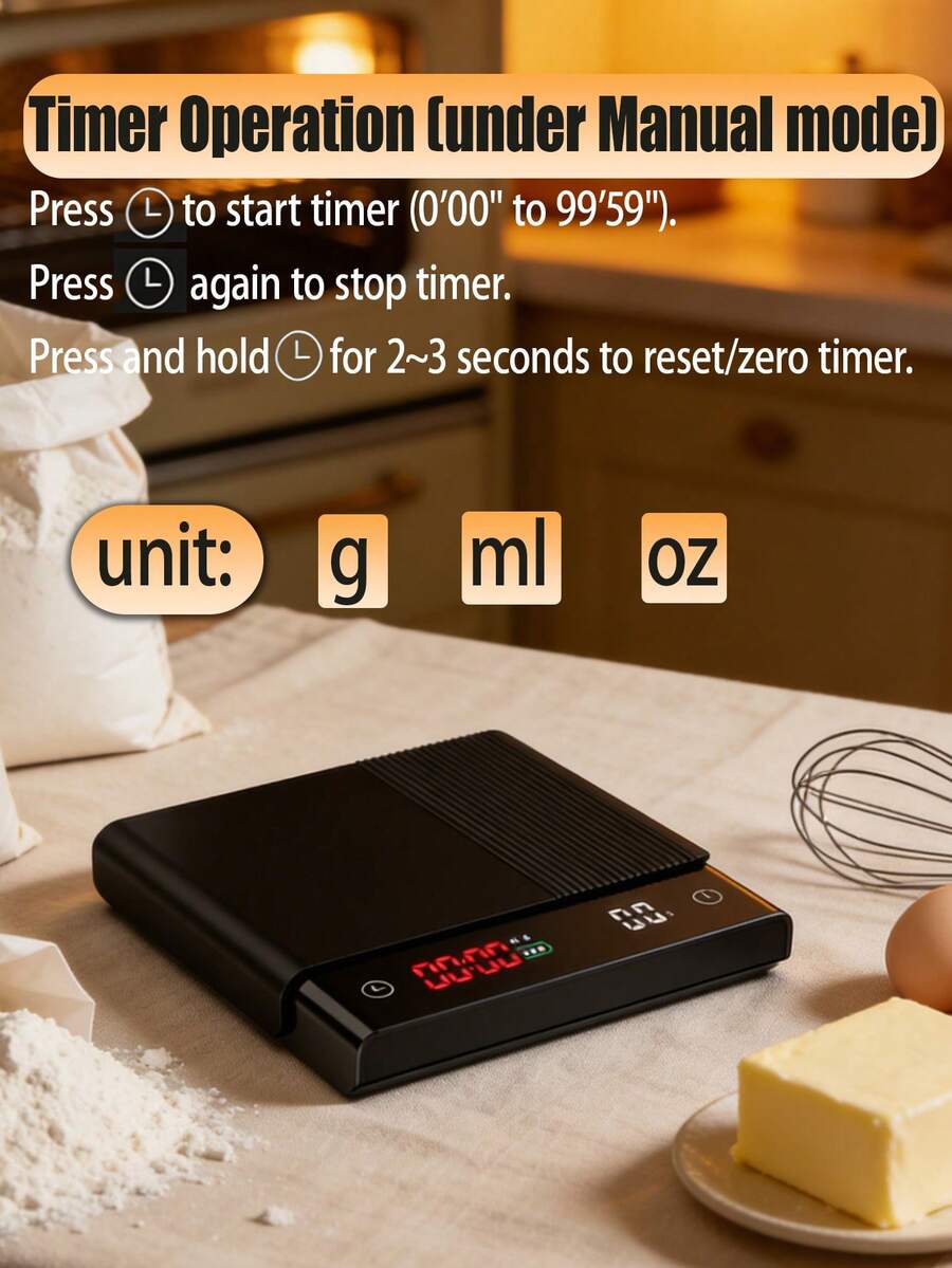 带定时器的咖啡称重机 - 最大称量2000克。功能包括高清LED数字显示屏、硅胶垫和硅胶塞。非常适合制作意式浓缩咖啡、手冲咖啡、烘焙咖啡豆，甚至可以称量珠宝。（不含充电线） - 廚房秤 - 查看 1