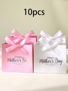 Hộp quà tặng Ngày của Mẹ gồm 10 chiếc, hộp đựng kẹo nhỏ gọn và trang nhã, phối màu hồng và trắng, in nhũ vàng, trang trí bằng nơ ruy băng, thích hợp để đựng sô cô la, kẹo, quà tặng nhỏ và quà lưu niệm tiệc tùng. - Xem 10