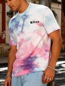 Men's Letter Tie-Dye Print Short Sleeve Casual Crew Neck T-Shirt, Basic Versatile Style - Red - View 3