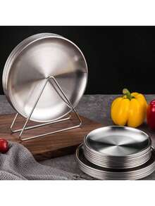 6pcs Stainless Steel Dinner Plate Set - Elegant & Durable, Suitable For BBQ, Hot Pot And Daily Use, With Convenient Storage Rack - Multicolor - View 2