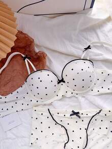 Belle Étoile New Sexy Polka Dot Bow Lingerie For Women, Small Bust, Push-Up, Non-Empty Cup, Anti-Sagging, Wire-Free Bra Set - trắng - Xem 7