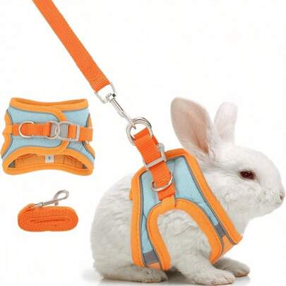 Adjustable Reflective Rabbit Harness And Leash Set, Bright Orange Design, Suitable For Lop-Eared Rabbits, Small Rabbits, Guinea Pigs, Hamsters And Other Small Pets, With Reflective Strips For Comfortable And Night Walking