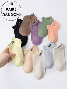 1/10 Pairs Random Women's Candy Color Heart Striped Cotton Breathable Shallow Boat Socks, Versatile For Daily Wear And Commuting, Spring/Summer - Multicolor - View 5