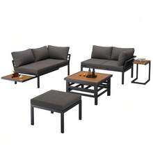 Garden Furniture Set (2 Double Sofas Plus 1 Footstool), 1 Plastic Table With Lift-Up Top, Frame Made Of Galvanized Iron, Including Seat Cushions And Pillows, With Small Side Table, Small Extendable Tabletop - Grey - View 6