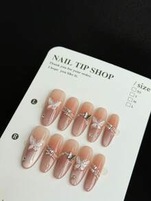 1 Gói/10 Móng Tay Giả Thủ Công Màu Hồng Hình Mắt Mèo Kiểu Pháp 3D Hình Bướm Ngọc Trai Đính Kim Cương Nhỏ, Móng Tay Giả Dài Hình Hạnh Nhân Ngọt Ngào Che Phủ Toàn Bộ Móng Tay Cho Ngày Valentine, Móng Tay Cô Dâu, Dụng Cụ Làm Móng Tự Chế Tại Nhà - Hồng - Xem 3
