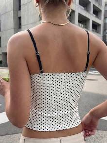 女士时尚藏蓝色波点印花圆领修身休闲度假性感吊带背心，适合海滩穿着，白色夏季款 - 白色 - 查看 4