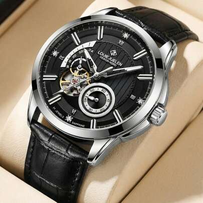 LOUIEJUELEN Brand Men's Automatic Mechanical Hollow Tourbillon Watch, Luxury Business Waterproof Genuine Leather Strap, Perfect Gift For Men