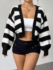 Summer Lightweight Short Cardigan For Women, Comfortable Casual Open Front Knit Cardigan, Cozy Daily Outfit For Spring Autumn Leisure Dating And Short Trips - Black and White - View 5