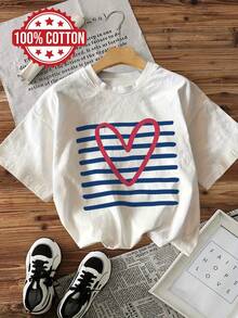 Dam Casual Kortärmad Rundringad T-shirt - Hjärtmönster med Randigt Tryck, Rosa och Marinblå, Avslappnad Passform, Maskintvättbar, Komfort Helårsbruk, Dagligt Bruk, Rolig Design, Andningsbart Tyg, Sommarset, Bekväm Bomulls-T-shirt, Dam Vårtoppströja - Vitt - Visa 6