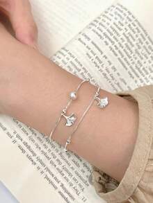 1 chiếc vòng tay hai lớp hình lá bạch quả độc đáo, tự nhiên, bằng bạc Sterling S925, thích hợp đeo hàng ngày, là món quà lý tưởng cho phụ nữ. - Bạc - Xem 5