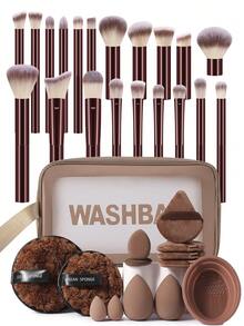 34件套化妆工具套装包含：20支化妆刷套装+1个多功能防水拉链化妆包+2个化妆海绵+2个迷你化妆海绵+4个三角粉扑+2个迷你气垫粉扑+2个卸妆海绵+1个化妆刷清洁工具 - 棕色 - 查看 10
