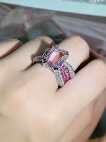 Nhẫn vuông bốn chấu cổ điển màu xanh lá cây đính đá zirconia tổng hợp, thiết kế mở có thể điều chỉnh, quà tặng trang sức dành cho phụ nữ. - trắng - Xem 2