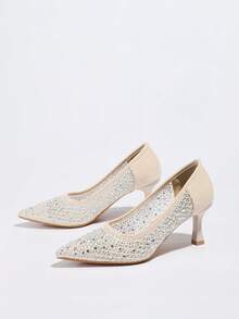 Damen High Heel Pumps, neue nude Farbe mit funkelnden Strass-Mesh, atmungsaktiv, spitzer Zehenbereich, Kittenferse, geeignet für Hochzeitsfeiern, formelle Kleider - Aprikosenfarben - Übersicht 8