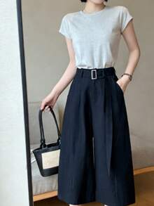 女士春夏新款弧形阔腿裤，宽松喇叭中长休闲裤 - 藏蓝色 - 查看 5