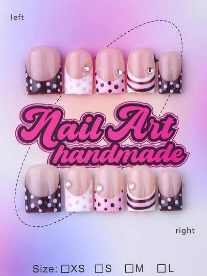 10pcs Square Shaped Handmade Nail Tips, Y2K Baddie Style, Nude, Black, Pink, White Nail Plates With French Tips & Polka Dot Design, Suitable For Women & Girls, Glitter Nails For Party, Wedding, Daily Wear, Includes Tool Kit, Great Gift For Ladies