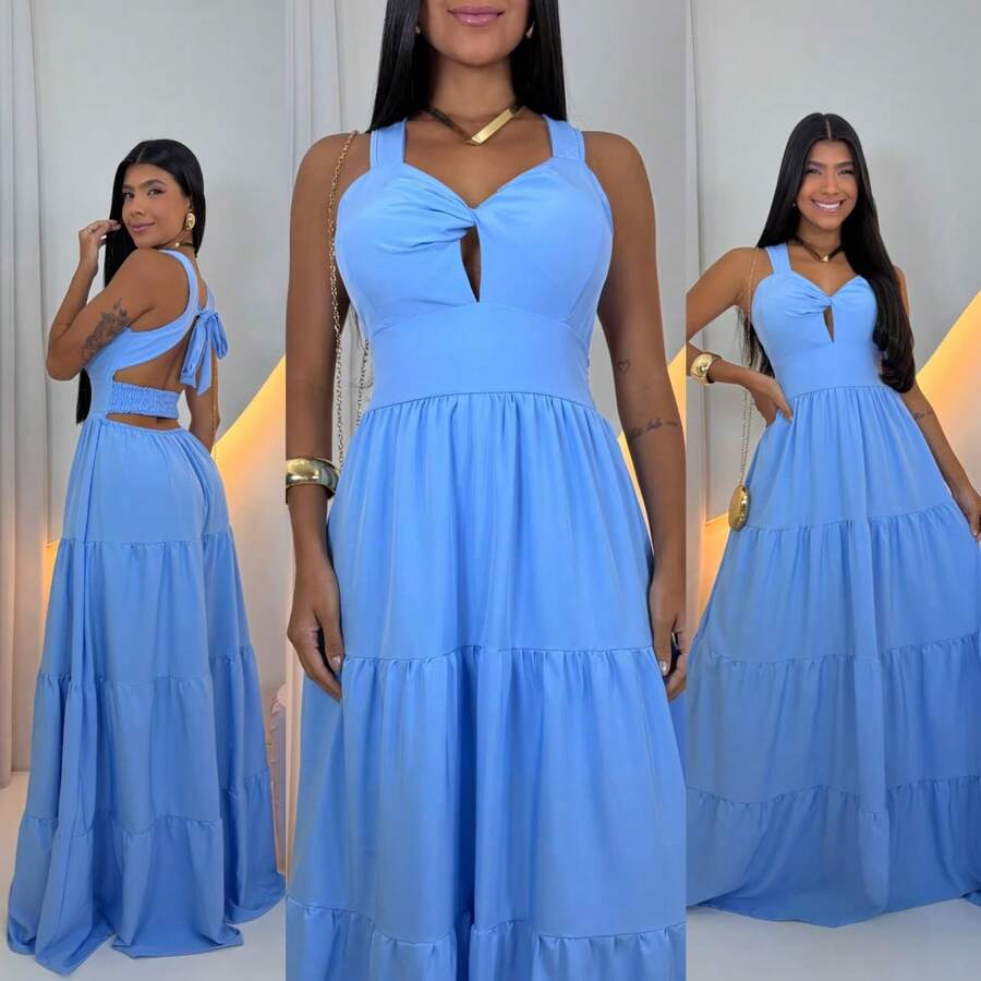 Women's Long Dress With Butterfly Knot - 淺藍色 - 查看 1