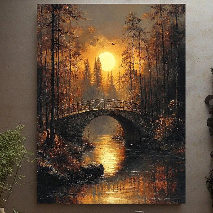 1 pieza de arte de pared de lienzo encantado de bosque y puente bajo la luz de la luna - 12x16 pulgadas (30,48x40,64 cm) pintura panorámica de fantasía con marco de madera, colores vibrantes de puesta de sol, perfecto para decoración del hogar, lienzo de paisaje | Tema de bosque mágico | Arte con marco de madera, decoración de bosque, perfecto para decoración de habitaciones - Sin marco - Ver 1