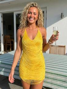 Vestido de mujer con cuello halter y borlas, sin mangas, espalda descubierta, ajustado, minivestido, ideal para salir de fiesta. - Amarillo - Ver 5