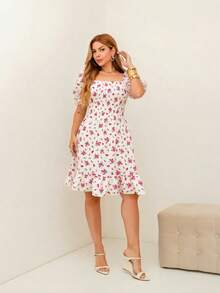 RAINBOW Women's Short Princess Floral Dress With Puff Sleeves And Elasticated Fabric - Elegant Fashion - One Size Fits 36-42 (Brazilian Sizes) - Crepe Fabric - 128-112 白色 - 查看 4