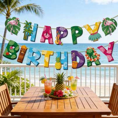 Flamingo & Mango Leaf Happy Birthday Banner, Hawaiian Tropical Palm Leaf Garland, Summer Beach Party Decorations Suitable For Pool, Beach, Birthday And Wedding Parties
