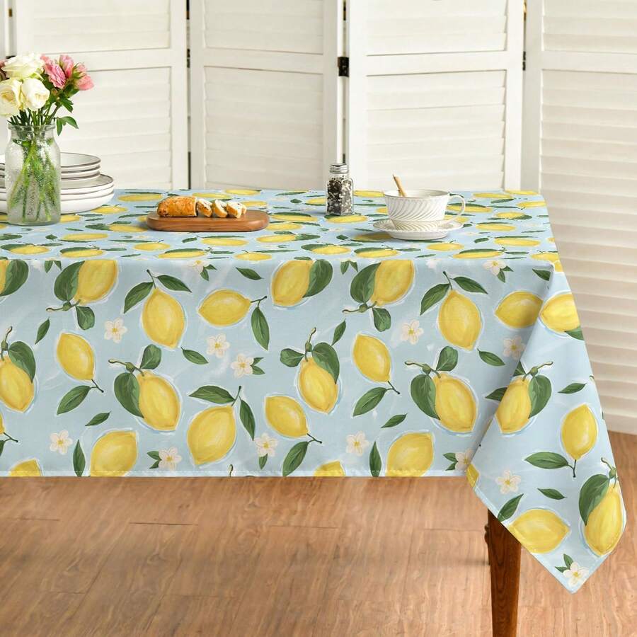Rectangular Summer Tablecloth, Lemon & Jasmine Blue Yellow Washable Seasonal Tablecloth, Suitable For Party, Picnic, Dinner Decoration - Mint Blue - View 1