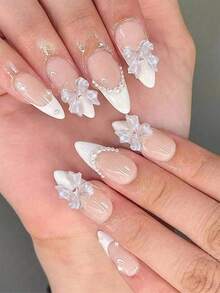 24片亮面杏仁形美甲贴纸，白色法式设计，饰以仿珍珠和3D蝴蝶结，情人节甜美风格，适合女性和女孩约会，美甲用品，按压式美甲贴片 - 彩色 - 查看 1