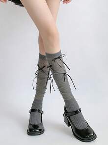 1 đôi tất dài quá đầu gối kiểu dáng tối giản, mỏng nhẹ, có nơ thắt, phù hợp với trang phục thường ngày theo phong cách Lolita và JK. - Nhiều màu - Xem 4