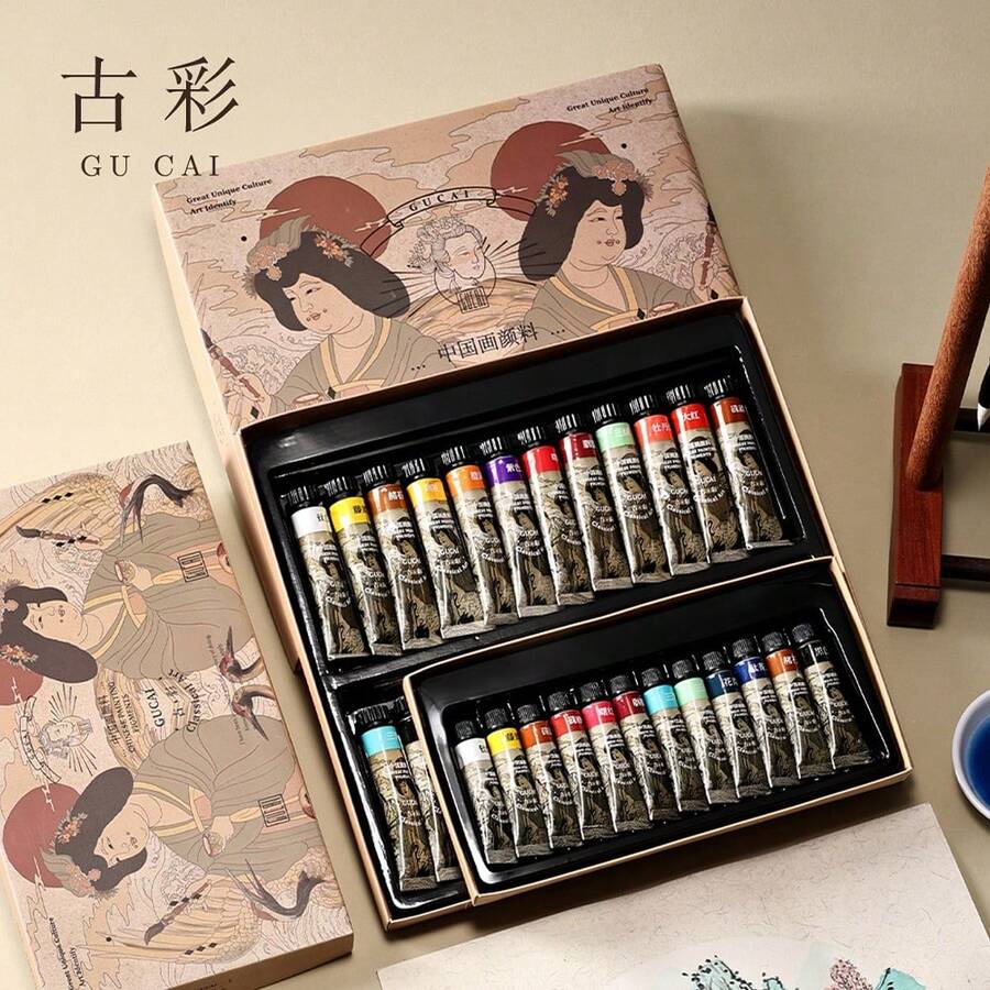 Set de 24/12 colores de pigmentos sólidos para pintura china, colores vibrantes, textura de pasta fina, set de pigmentos de acuarela, alto contenido de pigmento, pigmentos minerales, adecuado para principiantes, manualidades, pintura de paisajes, pintura de tinta china - Kit de pigmentos sólidos - Ver 1