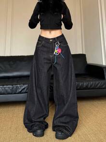 1 pieza Jeans de pierna ancha y corte holgado de estilo retro en color negro para mujer, pantalones vaqueros cómodos y versátiles de estilo callejero americano (cinturón/accesorios no incluidos) Primavera - Negro - Ver 3