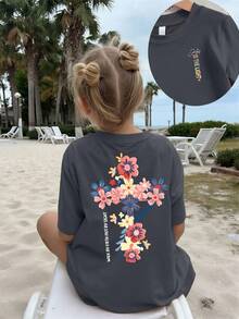 1pc Young Girl Floral Print Casual Loose Comfortable Soft T-Shirt, Suitable For Beach, Vacation, Daily Casual Wear, Summer, Cute - Dark Grey - View 1