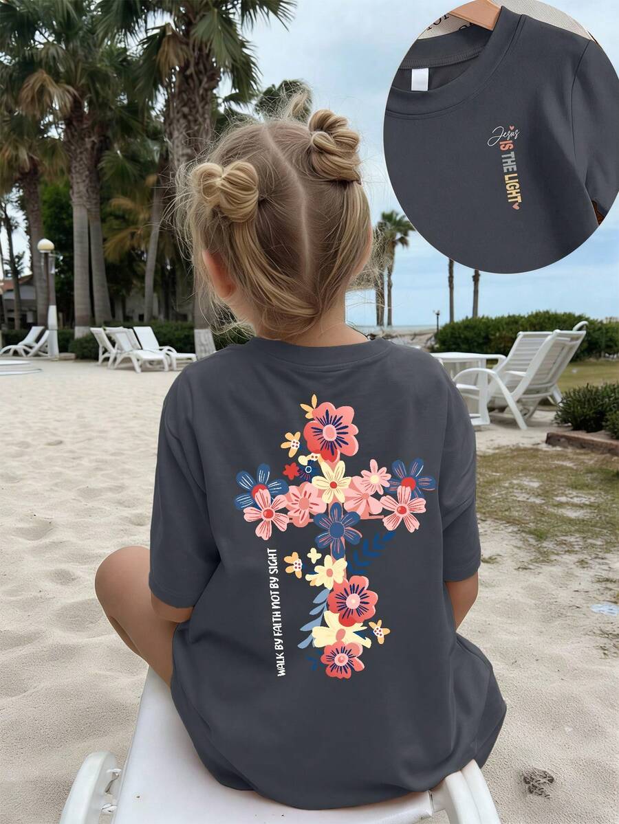 1pc Young Girl Floral Print Casual Loose Comfortable Soft T-Shirt, Suitable For Beach, Vacation, Daily Casual Wear, Summer, Cute - Dark Grey - View 1