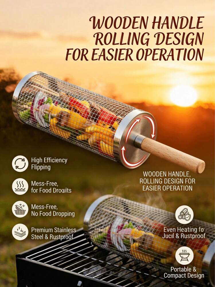 Bộ 2 rổ nướng tròn bằng thép không gỉ 304 màu bạc, có tay cầm bằng gỗ, xoay được, thích hợp để nướng rau củ, khoai tây chiên, cá, dụng cụ nướng ngoài trời hình trụ di động. - Giỏ nướng thịt - Xem 1