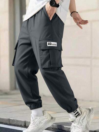 1件装青少年男童休闲运动户外口袋工装裤，纯色保暖直筒裤，加厚保暖，适合春秋冬季穿着