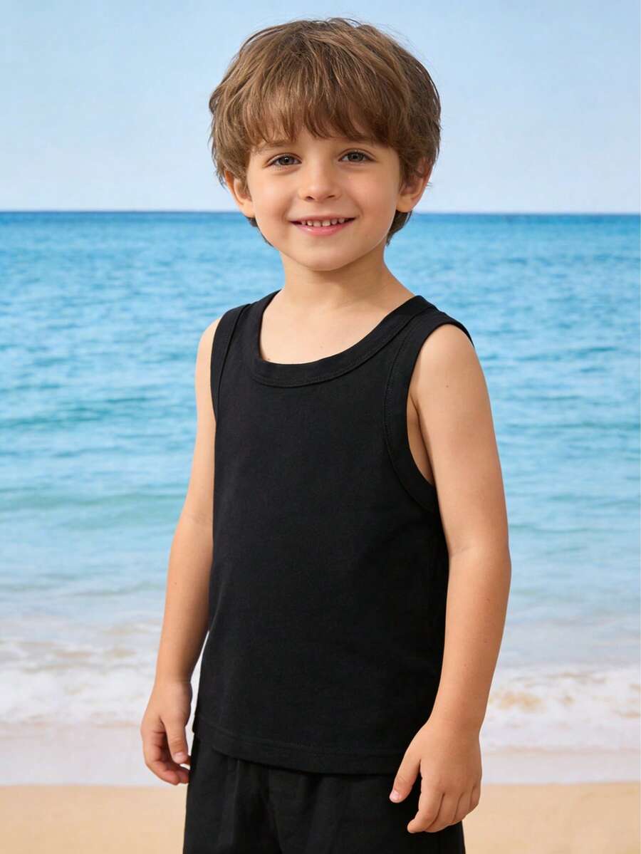 1pc Kids' Pure Cotton Solid Color Vest, Boys' White Undershirt, Comfortable Layering Piece Suitable For All Seasons, Suitable For Indoor And Outdoor Wear - Black - View 1