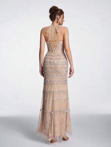 Elasola Anymoon Elegant Sequin & Faux Pearl Mesh High Waist Big Bow Backless Halter Evening Dress Fall Wedding Party - Champagne - View 5