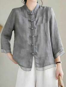 Loose Retro Chinese Style Three-Quarter Sleeve Patchwork Design Shirt Summer - Grey - View 1