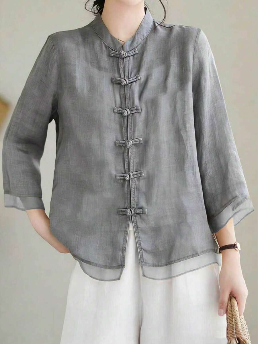 Loose Retro Chinese Style Three-Quarter Sleeve Patchwork Design Shirt Summer - Grey - View 1