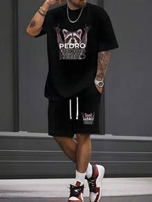 2 Piece Sets Woman Pedro Raccoon Print Men's Short Sleeve T-Shirt And Drawstring Shorts 2pcs Casual Sportswear Set, Suitable For Spring And Summer Outfits Vacation Outfits Women - màu đen - Xem 6