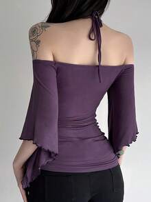 Sexy Off-Shoulder Ringed Wooden Beaded Halter Top For Women With Bell Sleeves, Irregular Niche Hot Girl T-Shirt, Ruched Slim-Fit  Style - 紫色 - 查看 5